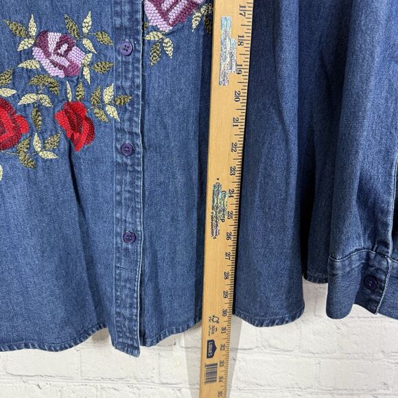 Vintage 90s Y2K Blouse Women Plus 2X Blue Denim Chambray Floral Embroidered Top - Picture 8 of 13